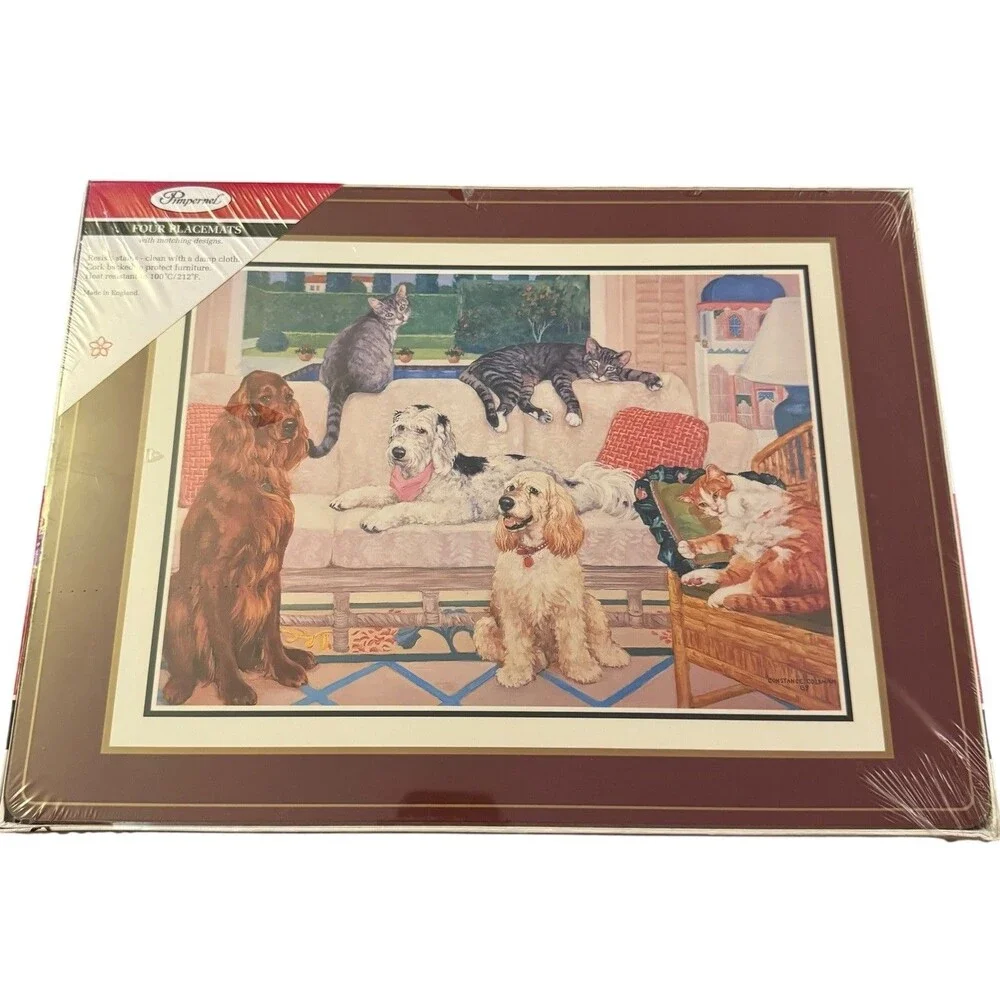 VTG Pimpernel Placemats Dogs Cats 4 Cork-Backed Colorful‎ Holiday ENGLAND NWT
